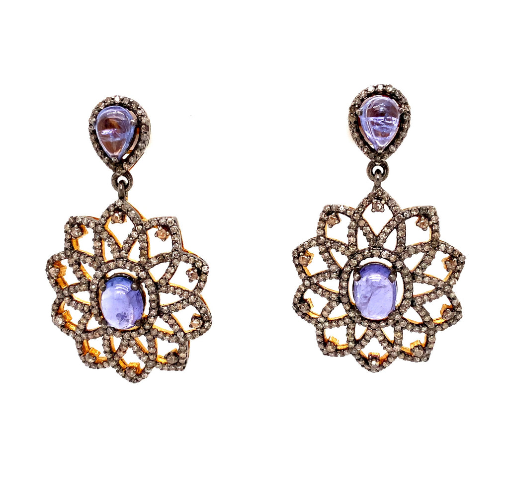 oval and pear shaped  cabochon tanzanite and diamond earring in oxidized sterling silver.