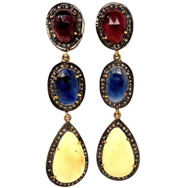 sterling silver gold vermeil multi-color sliced sapphire and diamond drop long earring