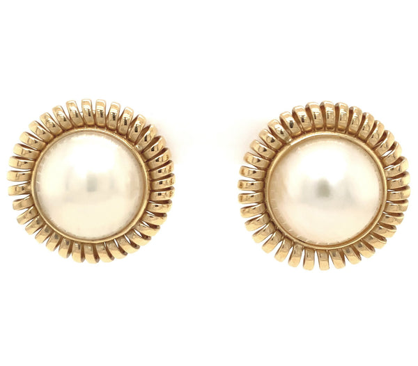 vintage mabe pearl 14 kt yellow gold earrings with omega clip backs