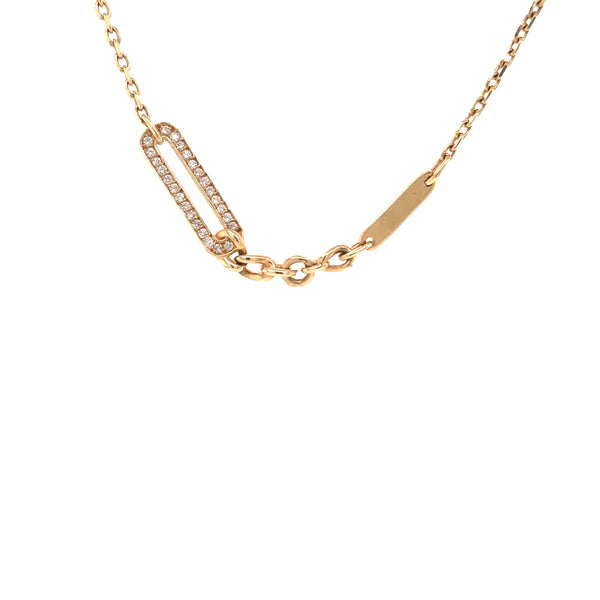 elongated oval paved diamond chain necklace with small gold oval plate on 17.5 inch adjustable chain 14 kt yellow gold