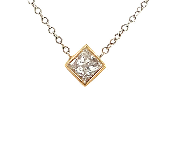 princess cut diamond solitaire pendant bezel det in 14k white and yellow gold