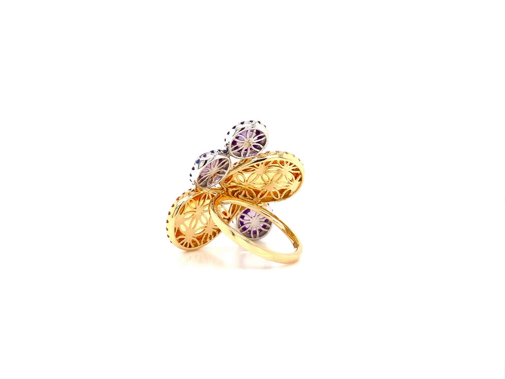estenza cabochon amethyst sapphire white and yellow diamond yellow citrine ring  in14 kt yellow gold