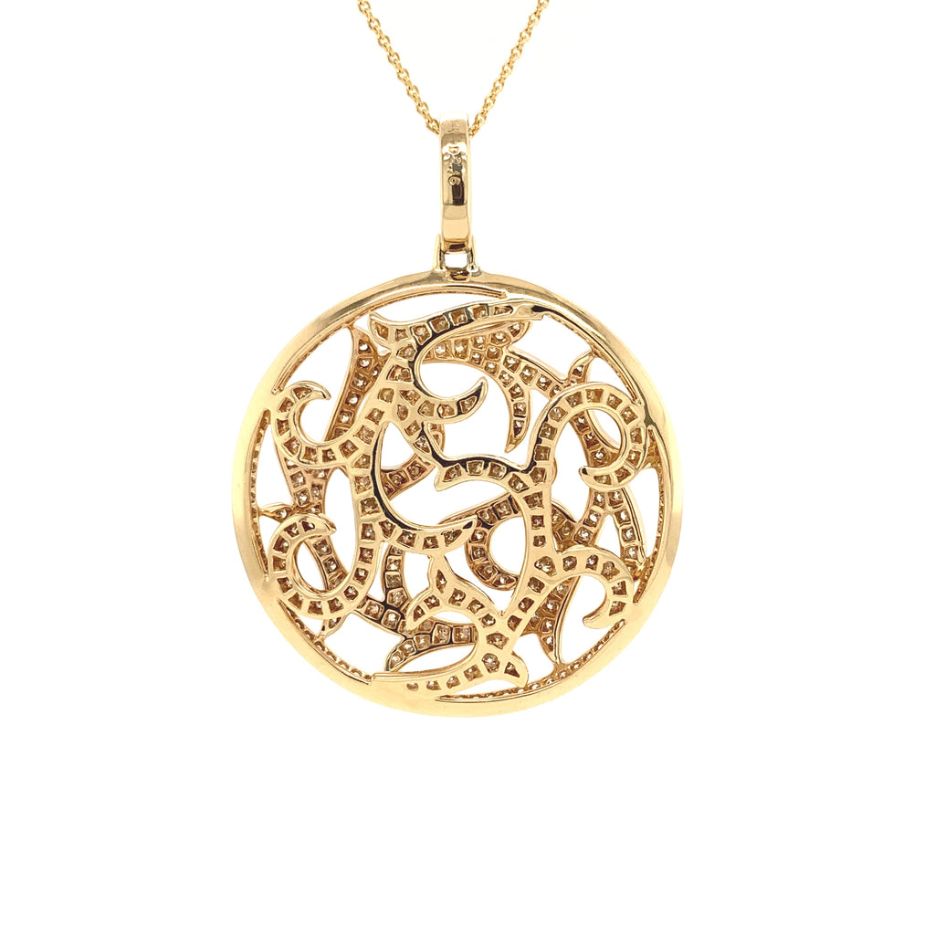 queen's scroll filligree paved diamond necklace 18 kt yellow gold.