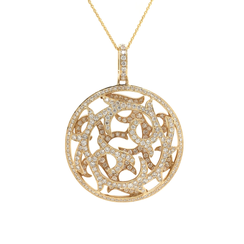 queen's scroll filligree paved diamond necklace 18 kt yellow gold.