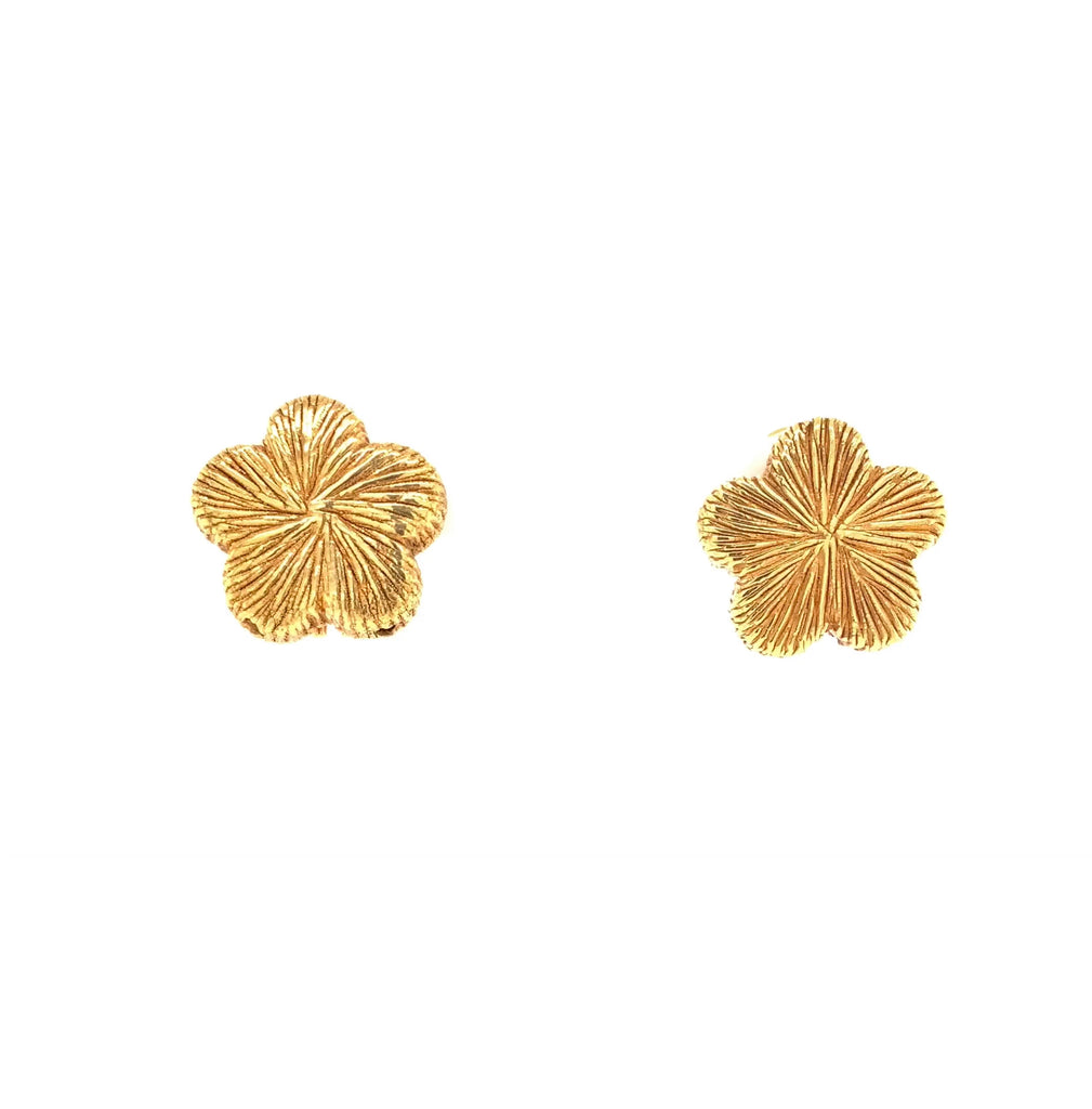 textured floral button earrings in 14kt yellow gold with omega clip back