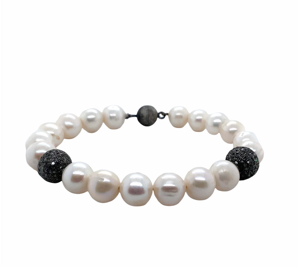 Freshwater Pearl Bracelet and 2 Black Diamond Beads in Oxidized Sterli–  Blacy's Vault