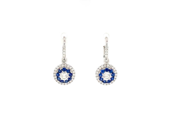 blue sapphire and diamond double halo leverback  drop earrings 14k white gold