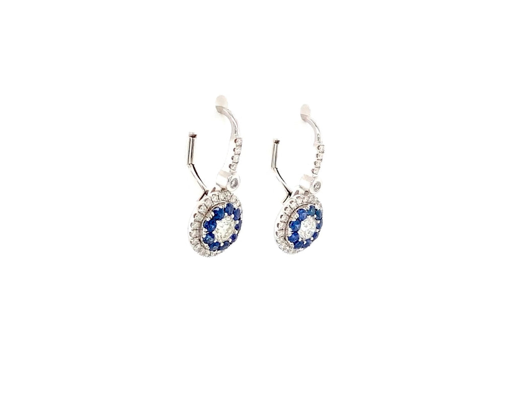blue sapphire and diamond double halo leverback  drop earrings 14k white gold