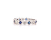 square blue ceylon sapphire and brilliant  stackable diamond band in 14 kt white gold.