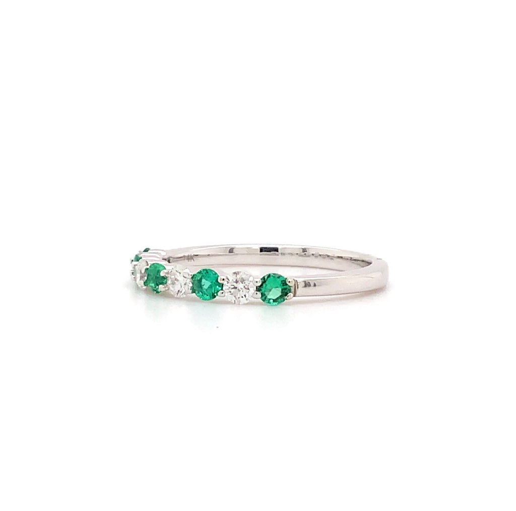 classic emerald and diamond straight line shared prong band in 14k white gold