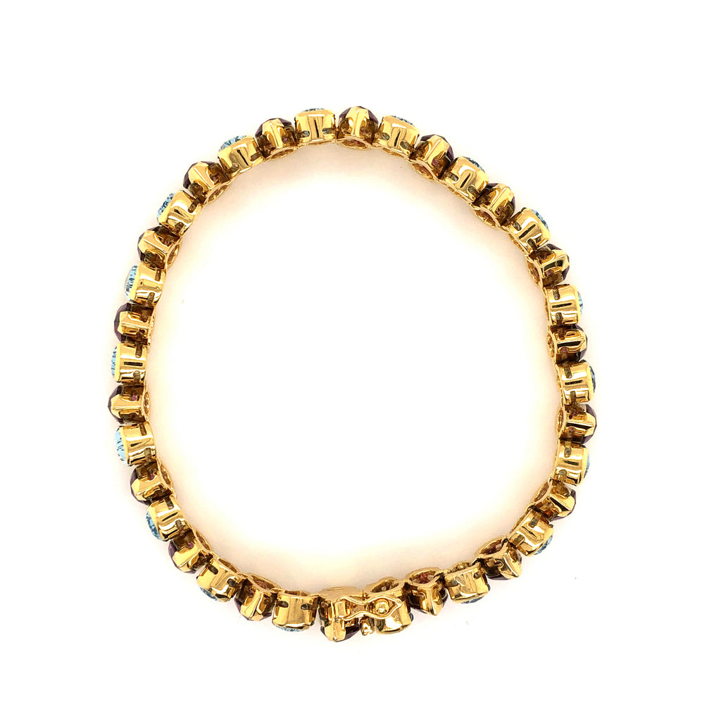 vintage aqua & garnet tennis bracelet,18k yellow gold 36 pear shaped gemstones
