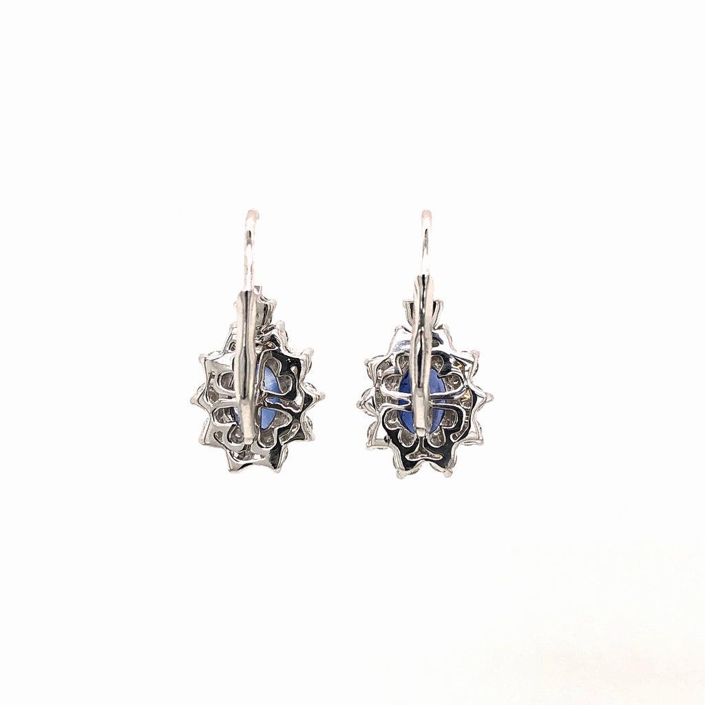 blue sapphire & diamond cluster lever back drop earring 14 kt white gold