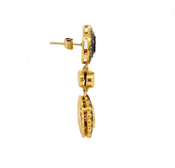 double halo polki diamond slice pierced drop earrings oxidized silver and 24k gold vermeil