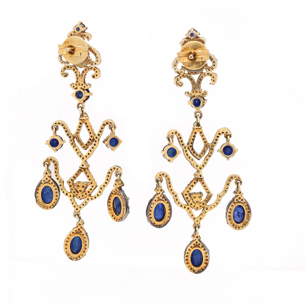 sapphire and black diamond chandelier drop earrings sterling silver and gold vermeil