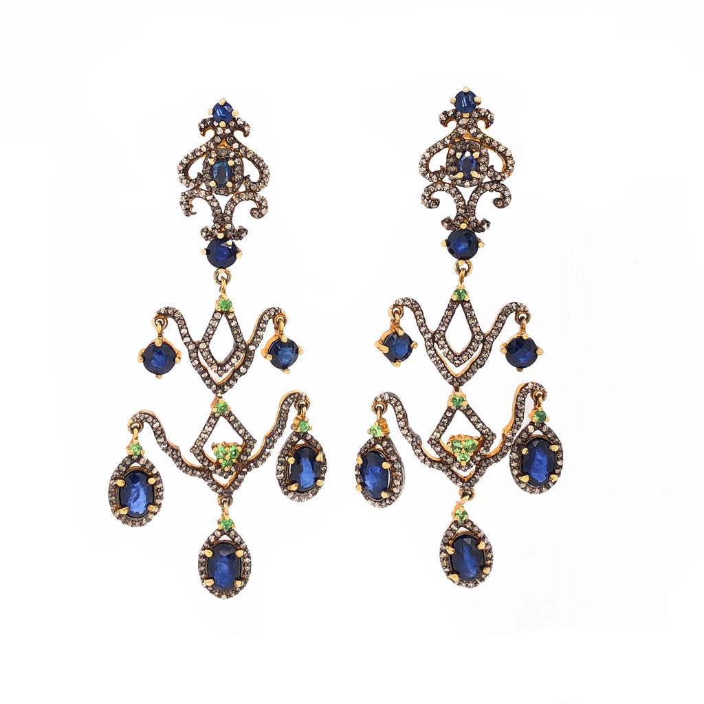sapphire and black diamond chandelier drop earrings sterling silver and gold vermeil