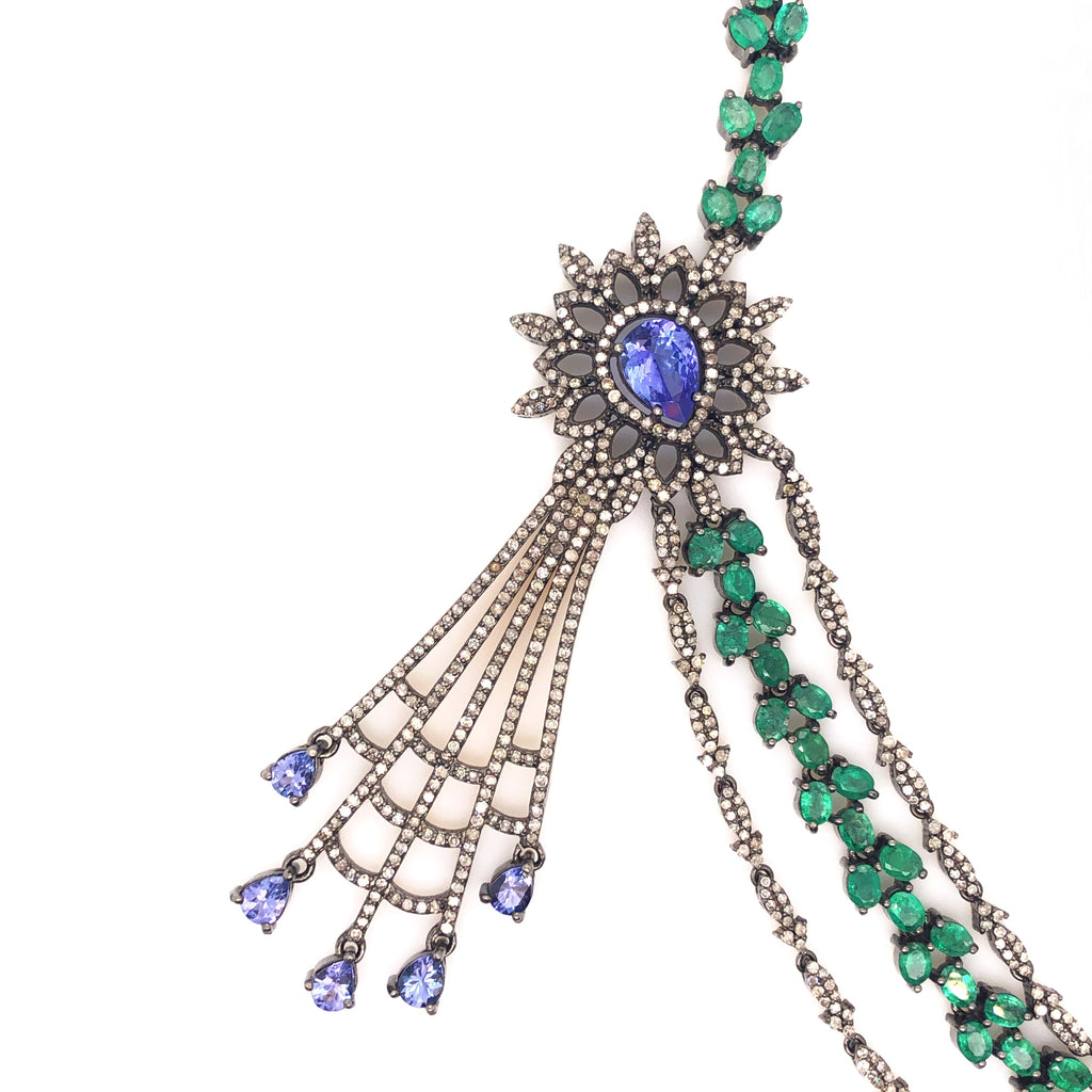 stunning diamond, emerald, and tanzanite lavalier elegant evening necklace