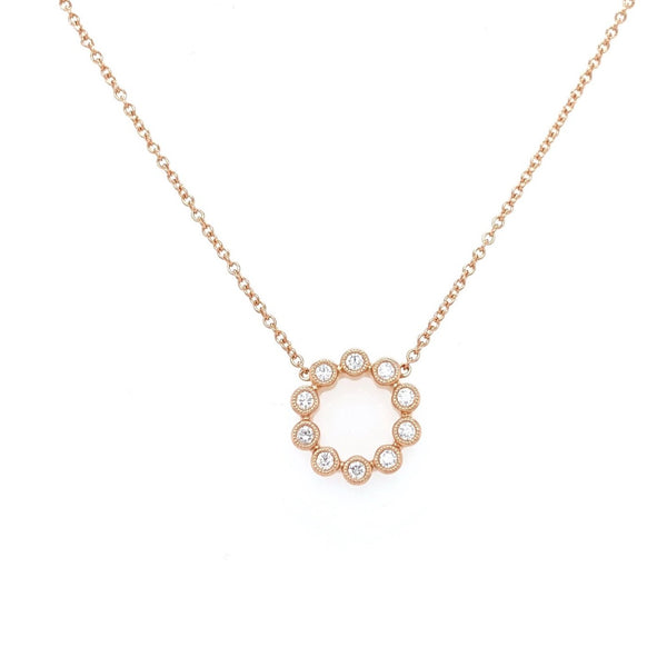 18K Rose Gold Milgrain Circle Necklace Containing 10 Round Brilliant Diamonds Equals to .22 ctw 18 Inches Long Adjustable Length | Blacy's Fine Jewelers