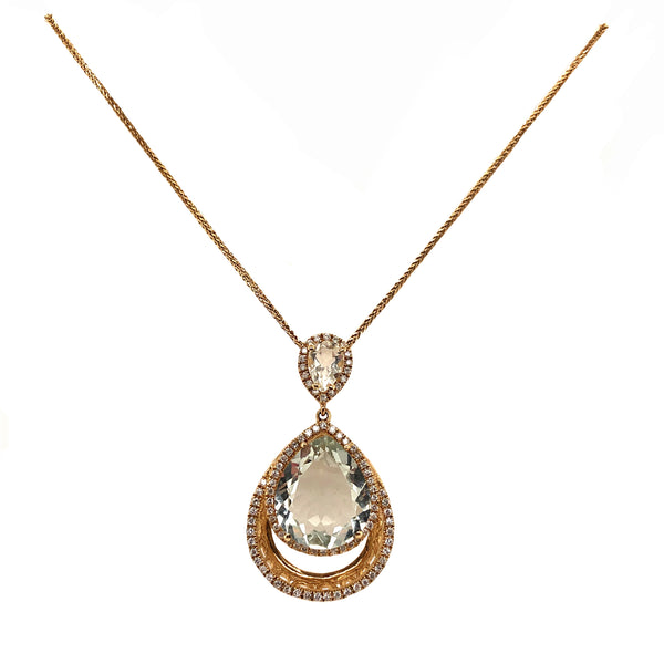 dangling pendant light green quartz and diamond halo pendant 14k yellow gold
