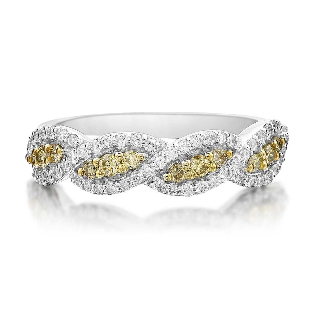 twisted band white halo and yellow diamonds inside 14k white gold