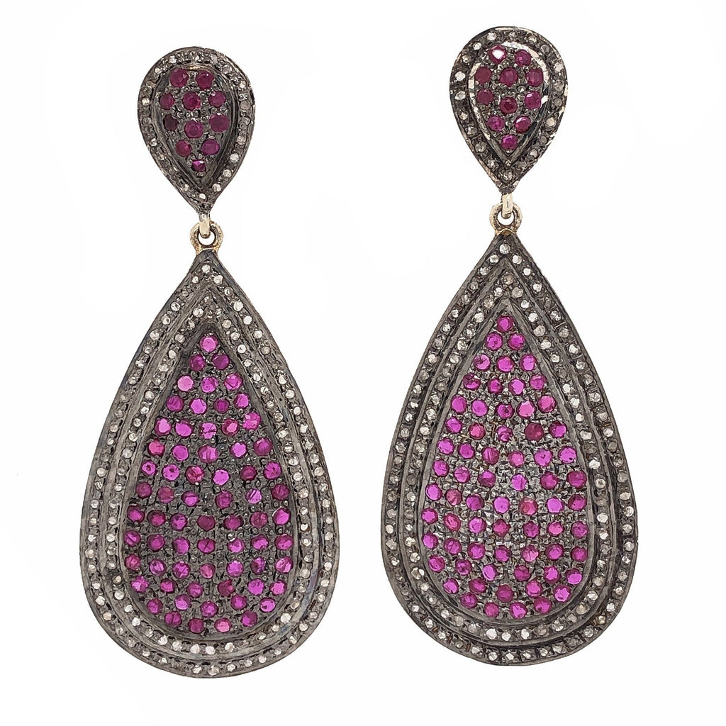 double teardrop ruby earrings with black diamond halo sterling silver and gold vermeil
