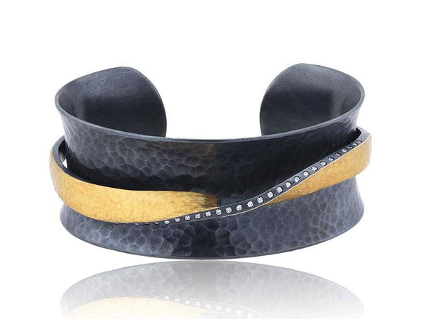 Lika Behar  24K Hammered Fusion Gold and Oxidized Sterling Silver Fine "Twist" open cuff Bracelet with Diamonds 26mm 0.24 ctw | Blacy's Fine Jewelers
