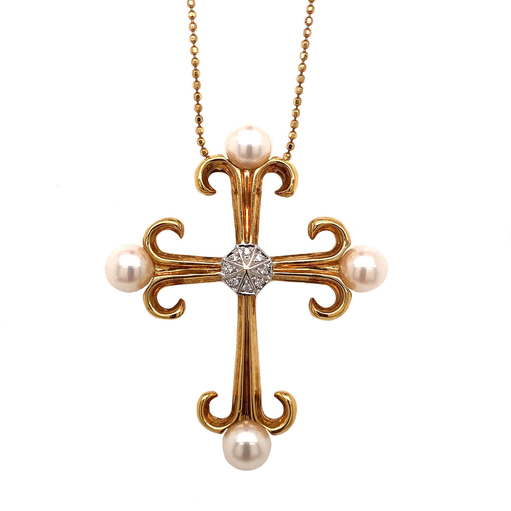 mastoloni cultured 6.5 mm pearl and diamond gold gothic cross pendant and chain 18 kt yellow gold