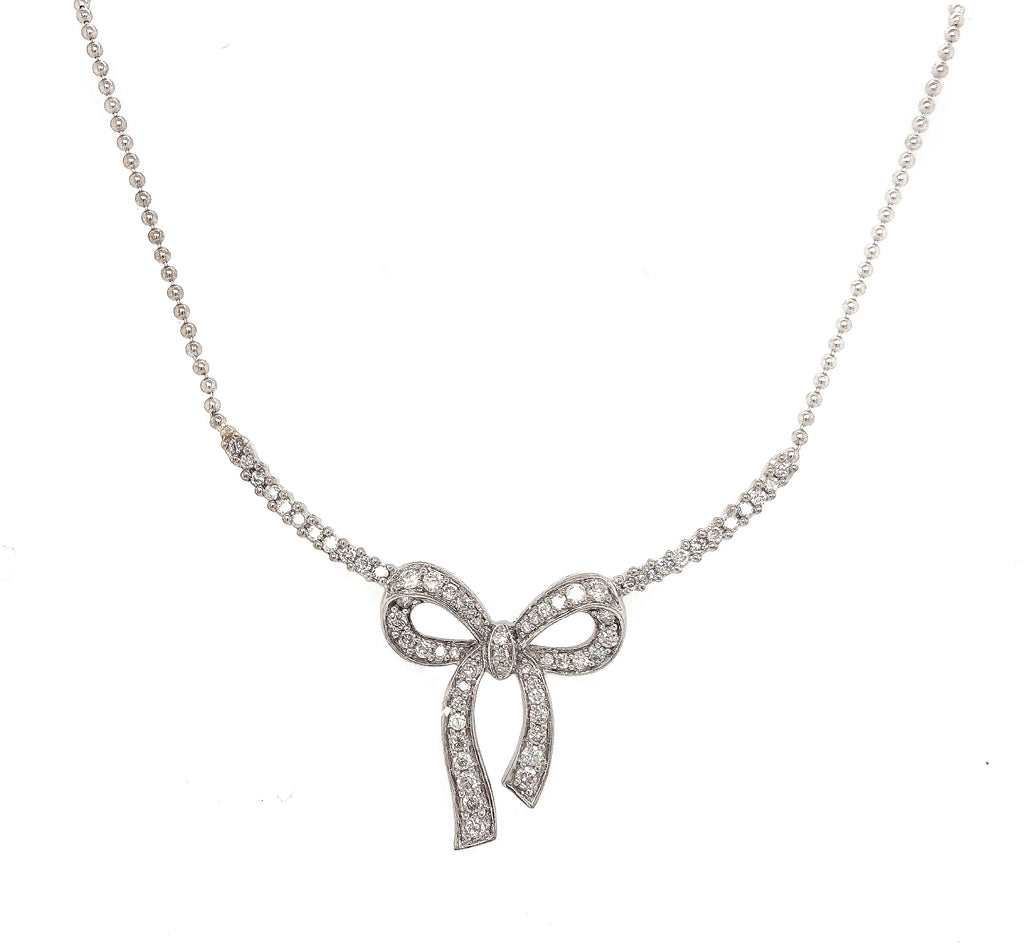 bead set diamond bow necklace 1.00 ctw 14k white gold