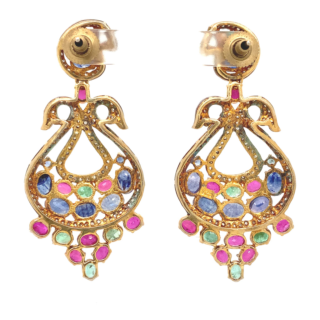blue sapphire-ruby-emerald-diamond chandelier drop earrings handmade in sterling silver..