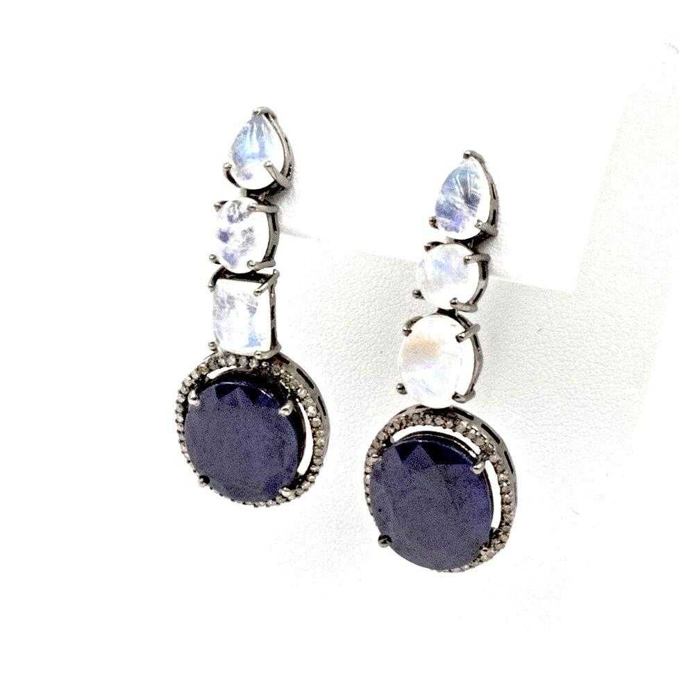 blue sapphire 9.70 ctw, diamond 0.80 ctw and moonstone 6.15 ctw pierced drop earrings