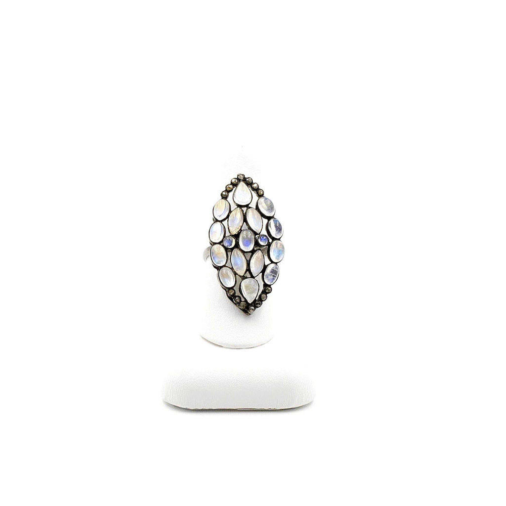 marquise shaped cluster moonstone and diamond ring oxidized sterling silver