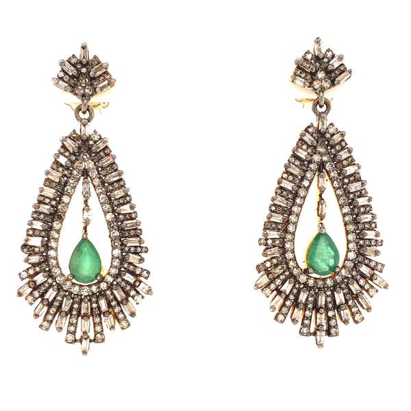 pear shaped emerald and baguette cut diamonds drop earrings oxidized silver and gold vermeil