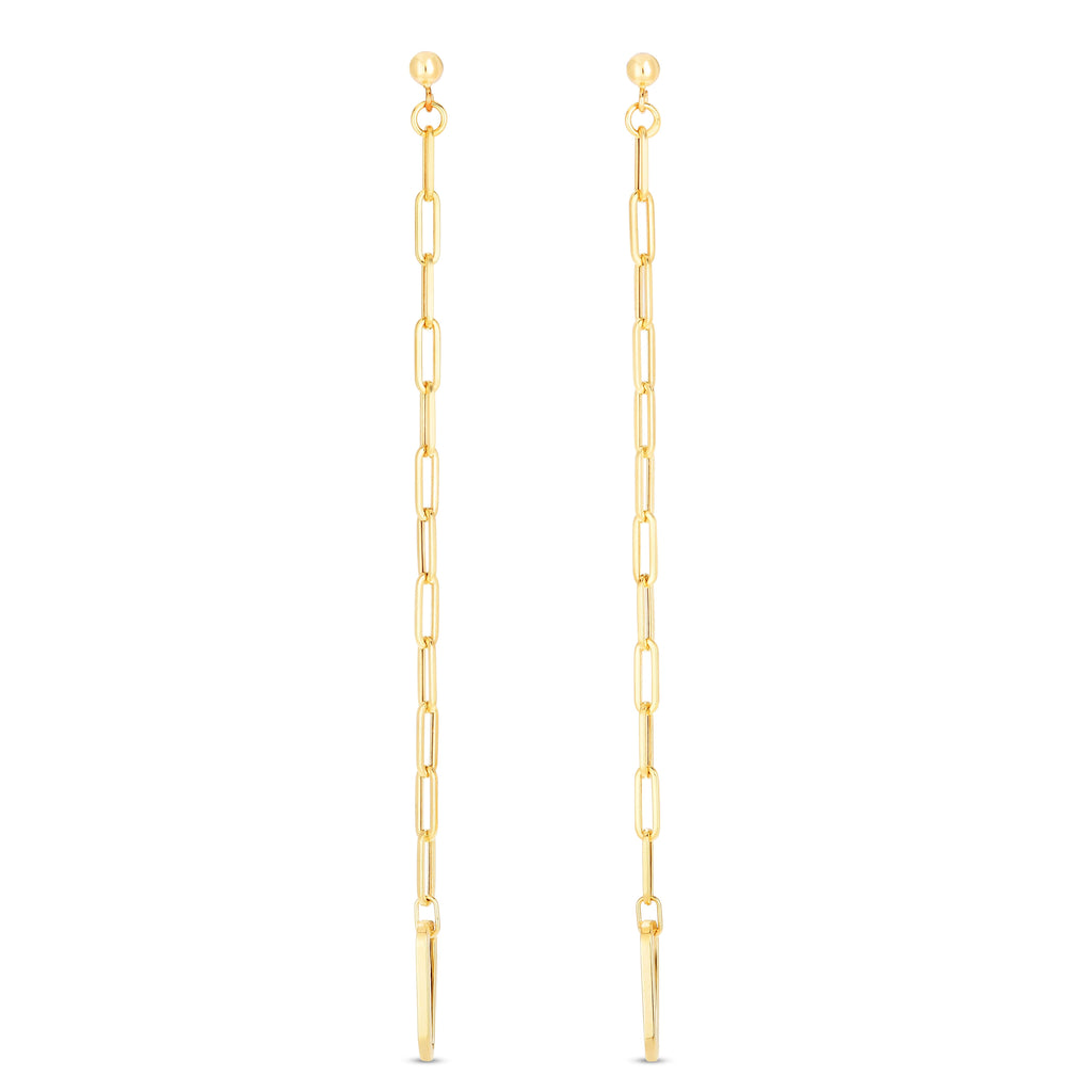 royal chain 14k yellow gold paperclip shoulder duster drop earrings. total drop length measures approximately 114mm.