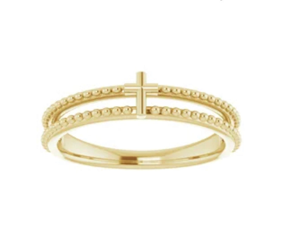 granulated double band stackable cross ring in 14 kt yellow gold