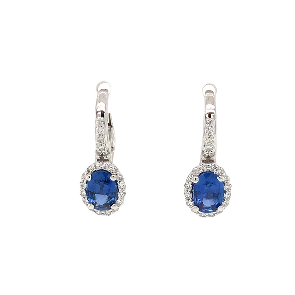 milyn custom blue sapphire and diamond halo earrings set in 14 kt white gold