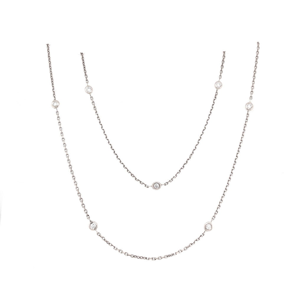 white gold bezel diamond chain necklace 36" long in 14 kt white gold