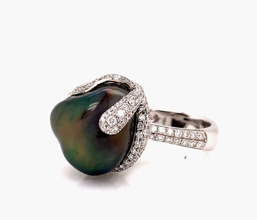 asba collection black tahitian keshi pearl statement ring pavé diamond design 1.29 ctw 14k white gold