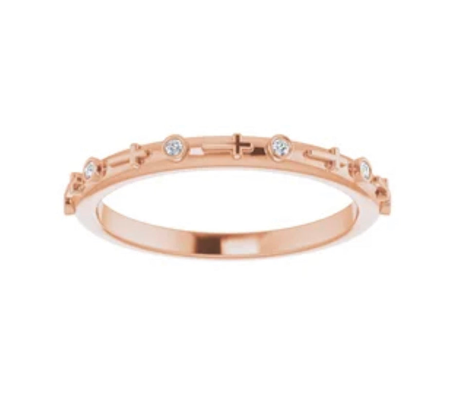 petite sideways cross and diamond stackable ring in 14 kt rose gold