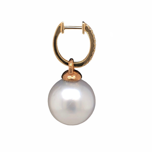 papasley 12 mm cultured white south sea pearl drop earrings rose gold 14 kt and diamond hoops.