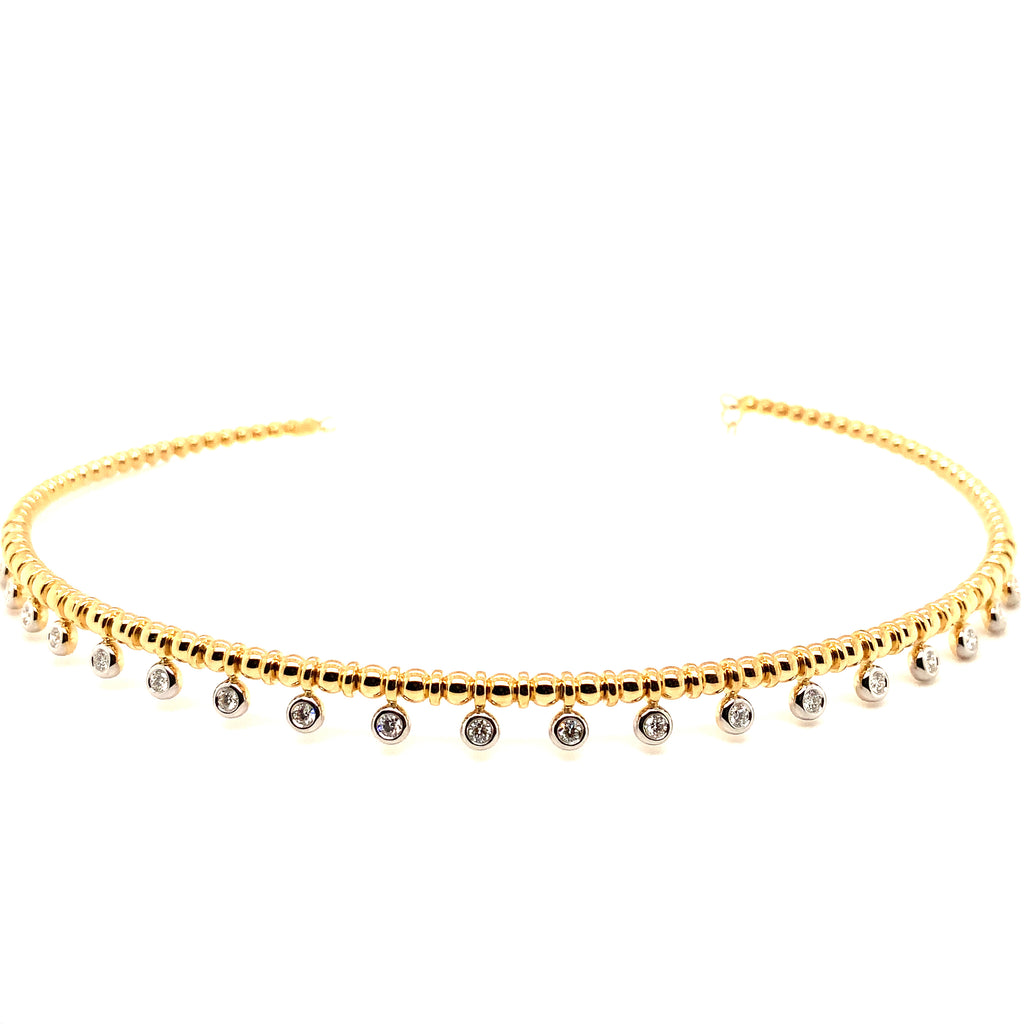 a link diamond drop bezel set beaded etruscan style choker necklace set in 18k two tone gold