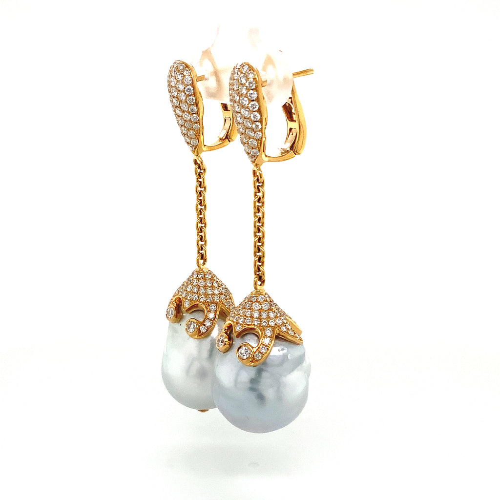 asba collection 18kt yellow gold white south sea baroque pearl and pavé set diamond earrings