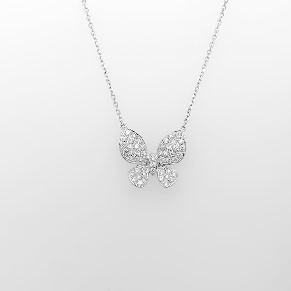 french pavée diamond butterfly pendant equals  0.47 ctw  18k white gold