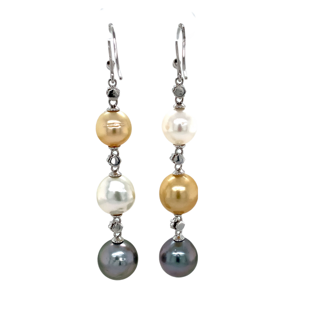 mastoloni multi color south sea pearl and diamond drop earring set in 14k white gold