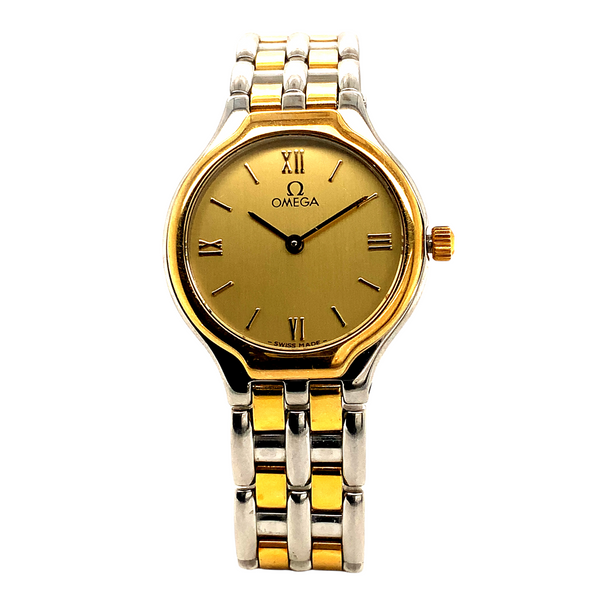 omega symbol 18 kt gold and stainless steel quartz watch 23 mm ladies