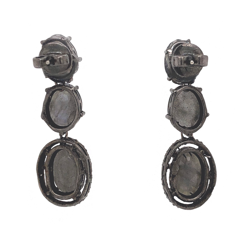labradorite and diamond halo drop earrings oxidized sterling silver
