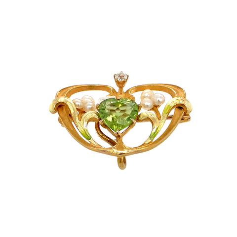 vintage art nouveau heart shaped peridot, diamond and seed pearl brooch -  lavalier pendant in 14 kt yellow and green gold