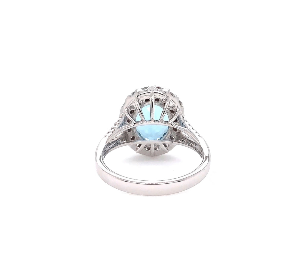 one of a kind aquamarine and diamond halo split shank ring 18 kt white gold