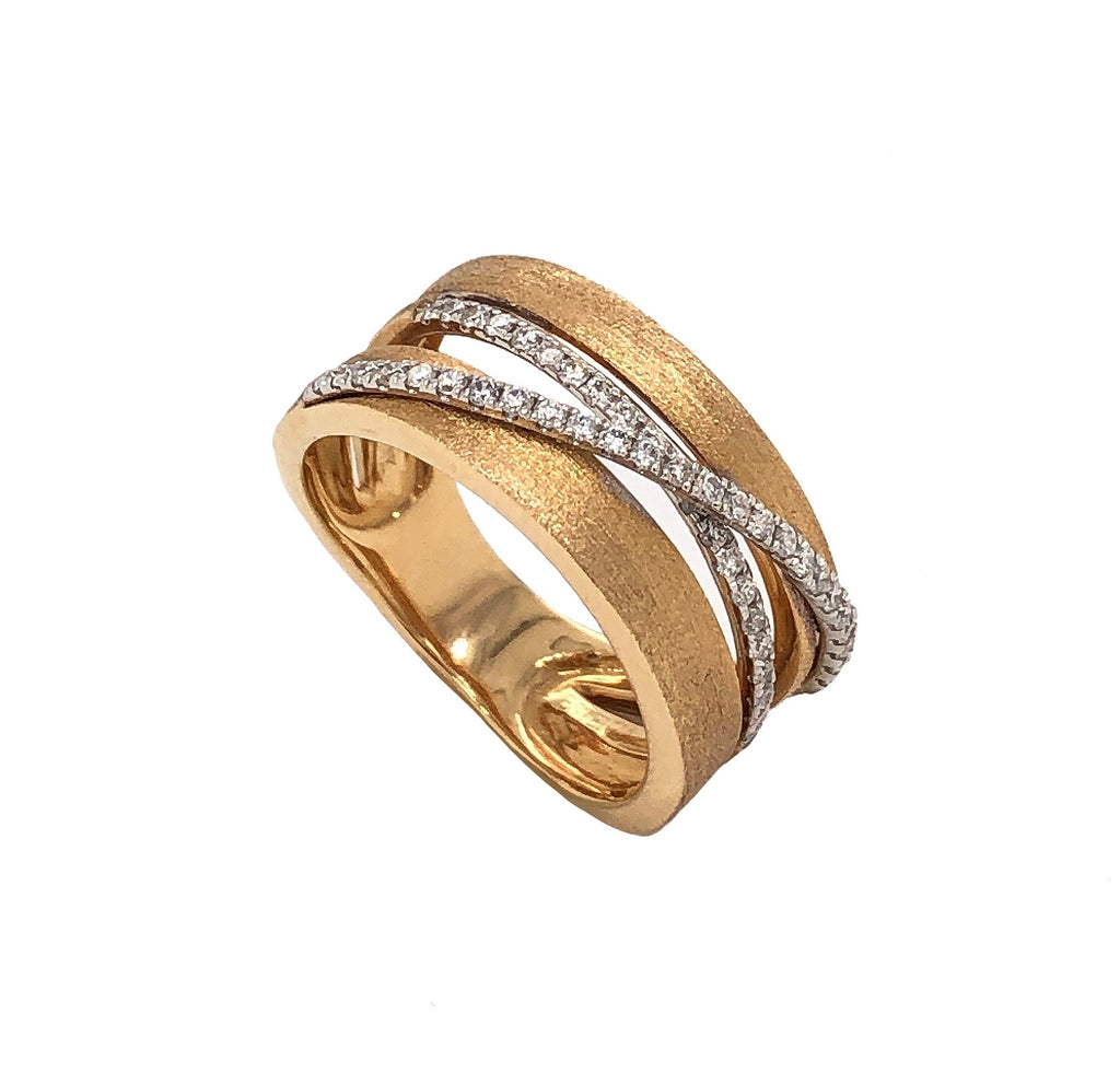 estenza contemporary four row diamond band matt finish with two rows of diamonds  14 kt white and yellow gold