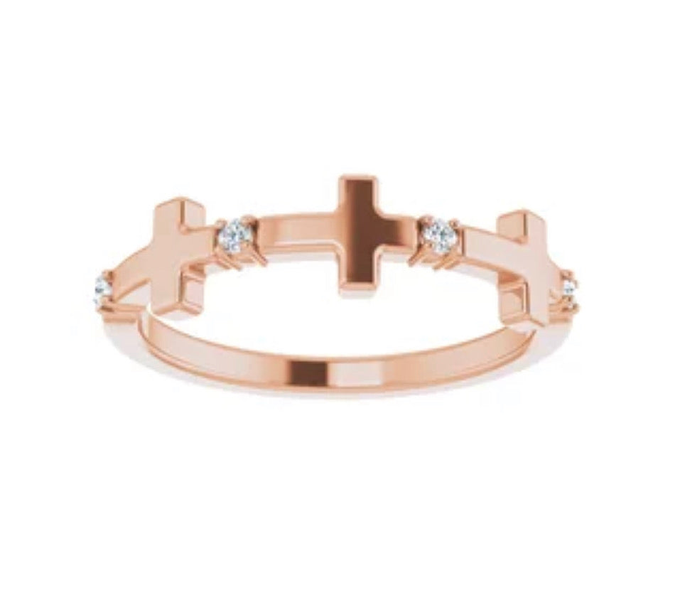 stackable sideways diamond cross band in 14 kt rose gold