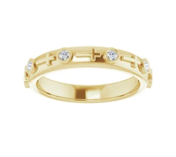 larger sideways cross and diamond stackable ring in 14 kt yellow gold
