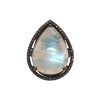 pear shape moon stone surrounded with a diamond halo set in oxidized silver